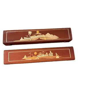 Vintage Wood and Brass Inlay Pencil Pen Box